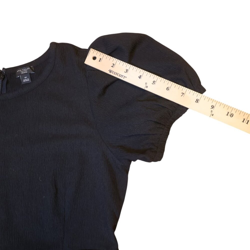 Ann Taylor Factory Black Puff Sleeve Dress Full Skirt Zip Back Sz 12P Normcore - Picture 13 of 15